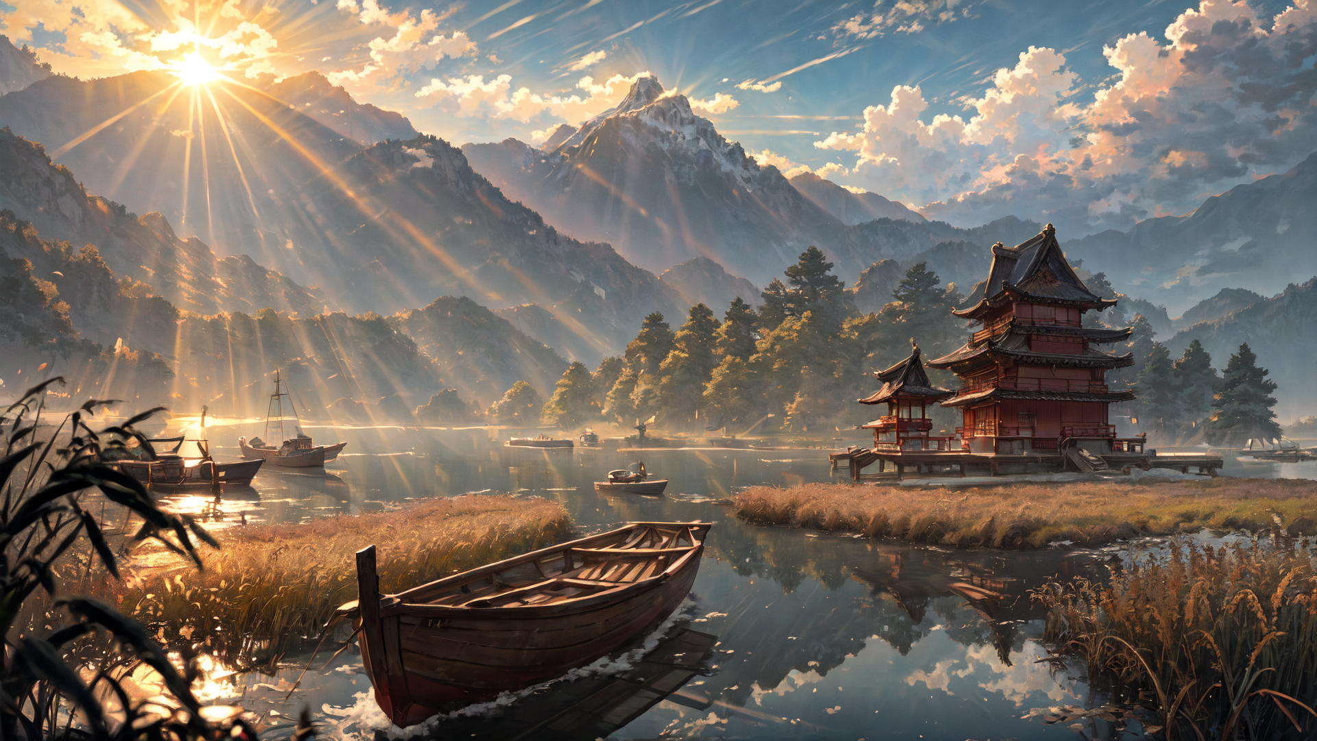 masterpiece,best quality,shore,east asian architecture,lake,boat,reed,mountain,sunlight,cloud,wide shot,<lora:Concept-cont...